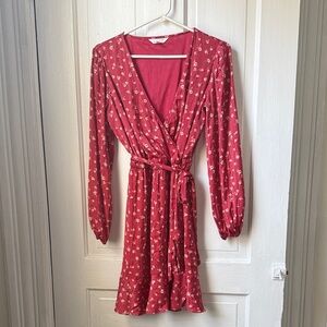 LC Lauren Conrad Red and White Wrap Sundress with Bishop Sleeves